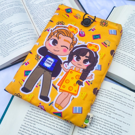 A padded book sleeve with vibrant designs inspired by Ali Hazelwood's novels, featuring romantic and STEM-themed illustrations of chibi-style characters.