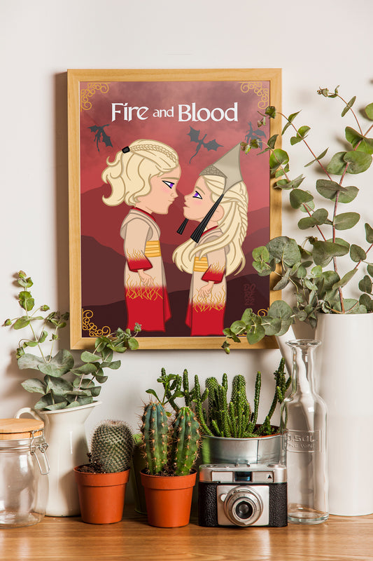 A dramatic print showcasing House of the Dragon-inspired illustrations with Targaryen sigils and fiery imagery.