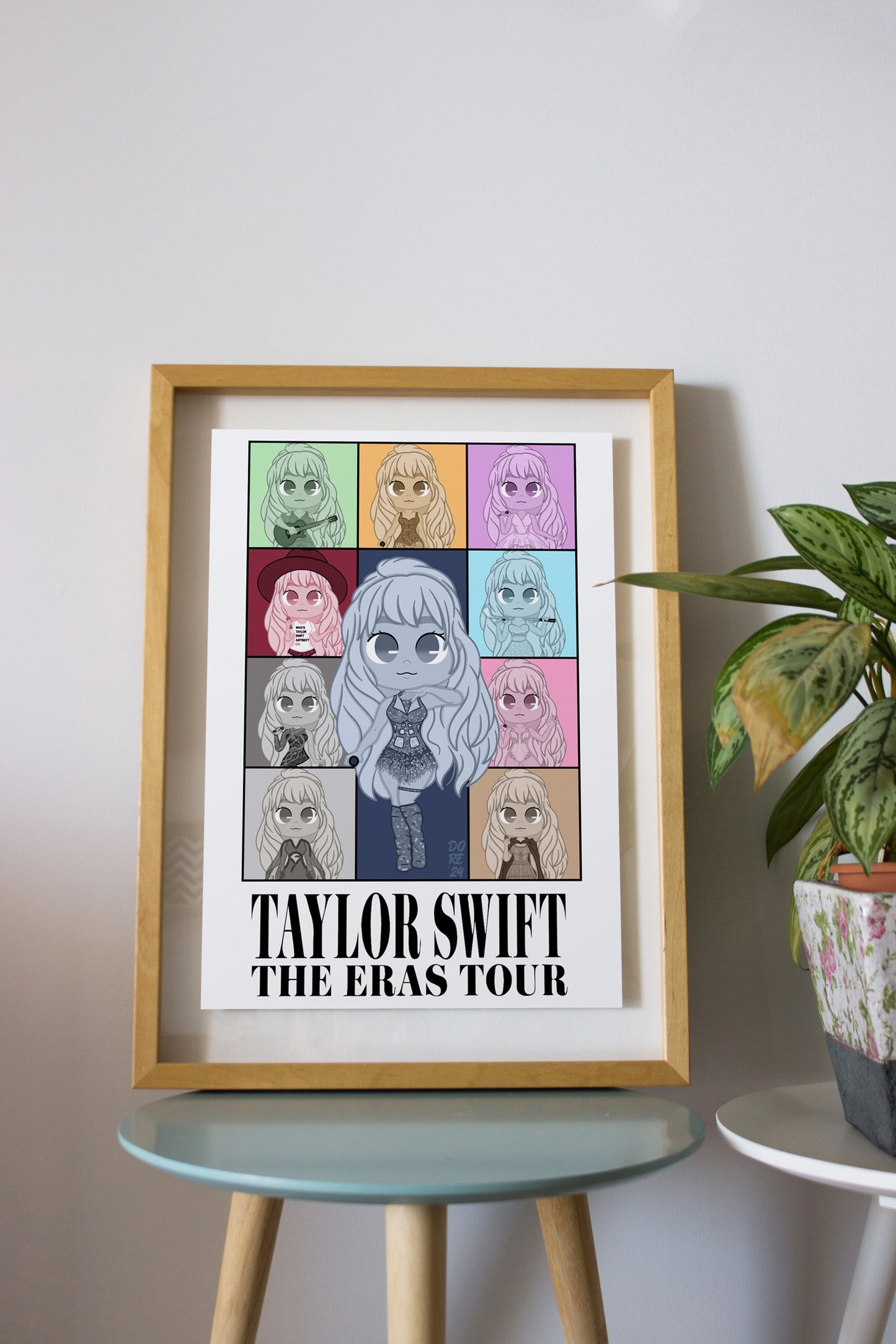 A vibrant print featuring Taylor Swift’s Eras Tour with illustrations of on-stage performances and album themes.