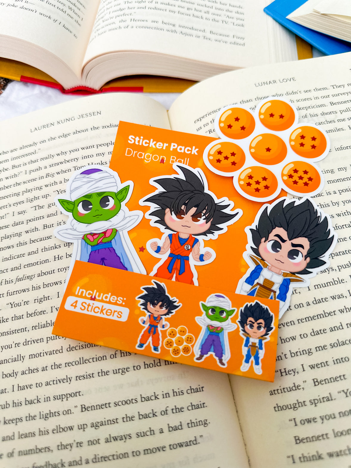 A Dragon Ball sticker pack with bold designs of Goku, Vegeta, and Dragon Balls, perfect for anime lovers and collectors.