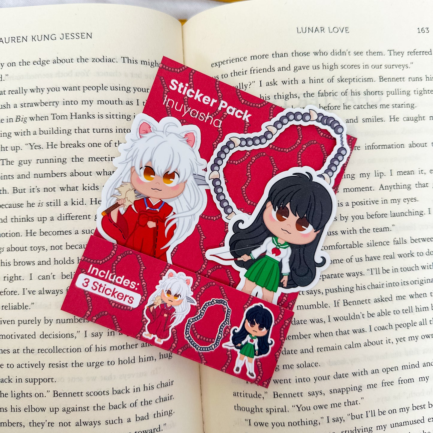 A mystical Inuyasha sticker pack showcasing characters like Kagome, Inuyasha, and Sesshomaru, alongside cherry blossom motifs.