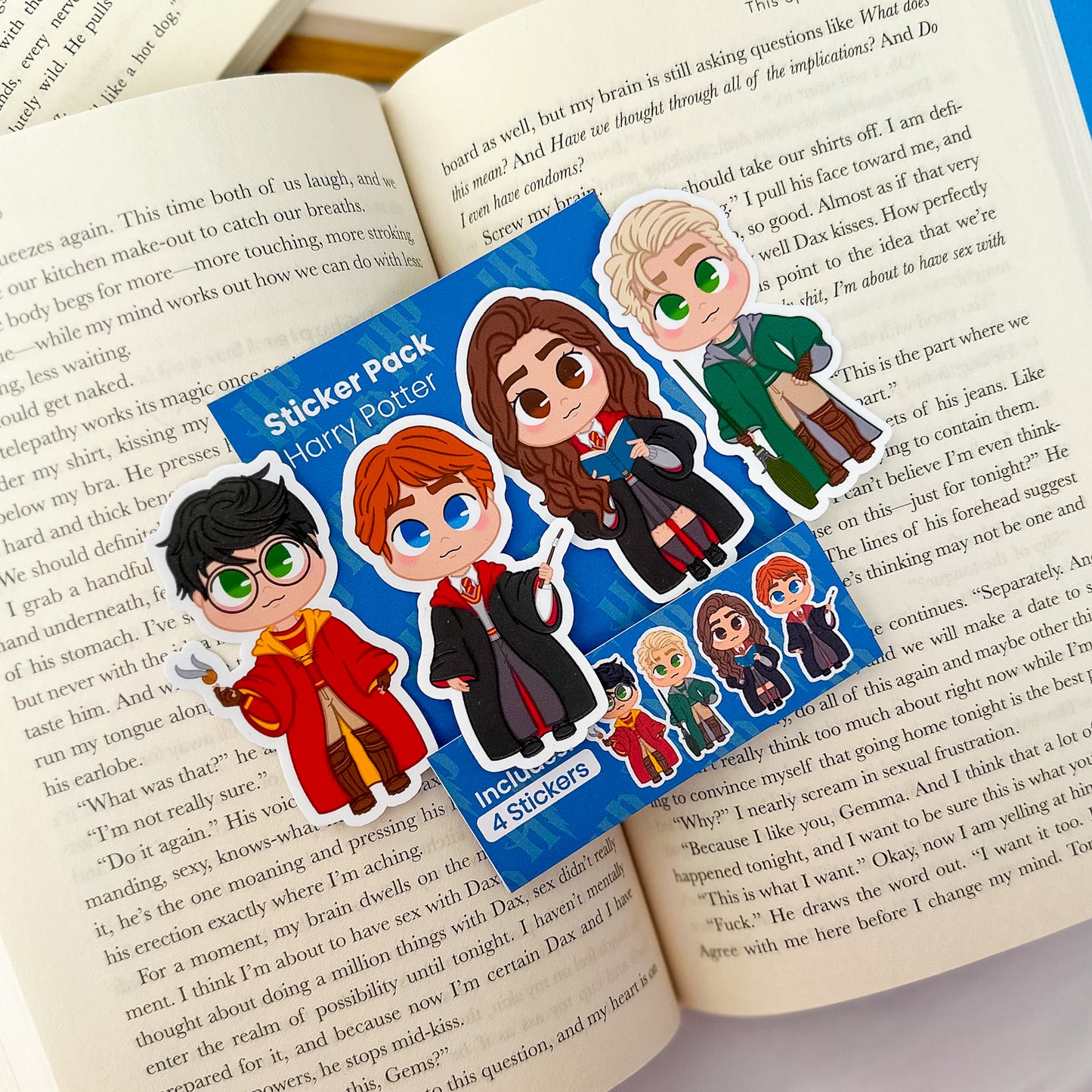 A Harry Potter sticker pack with designs of the Golden Trio, Hogwarts, and magical motifs like wands and house crests.