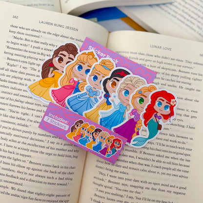 A Disney Princess sticker pack showcasing characters like Cinderella, Ariel, and Belle with magical elements and castle illustrations.