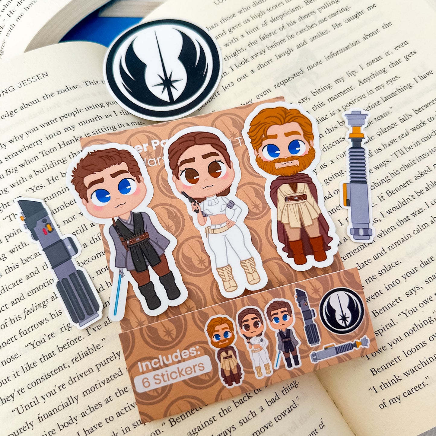 A Star Wars prequel trilogy sticker pack featuring designs of Anakin Skywalker, Padmé Amidala, and Obi-Wan Kenobi with lightsaber motifs.