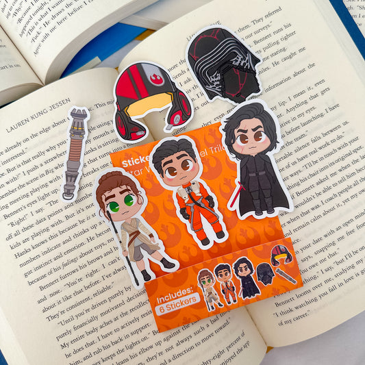 A Star Wars sequel trilogy sticker pack featuring Rey, Kylo Ren, and epic galaxy designs like the Millennium Falcon.