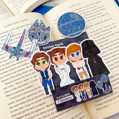 A sticker pack inspired by the original Star Wars trilogy, featuring Luke Skywalker, Princess Leia, Han Solo, and classic galaxy-themed designs.