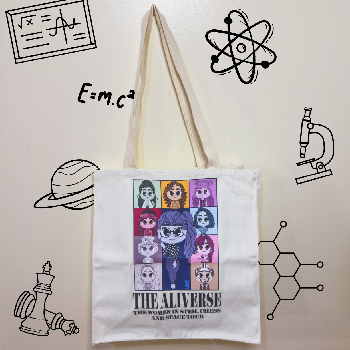 A canvas tote bag with playful chibi designs inspired by Ali Hazelwood's novels, featuring chibi-style characters and themes like science, books, and romance.