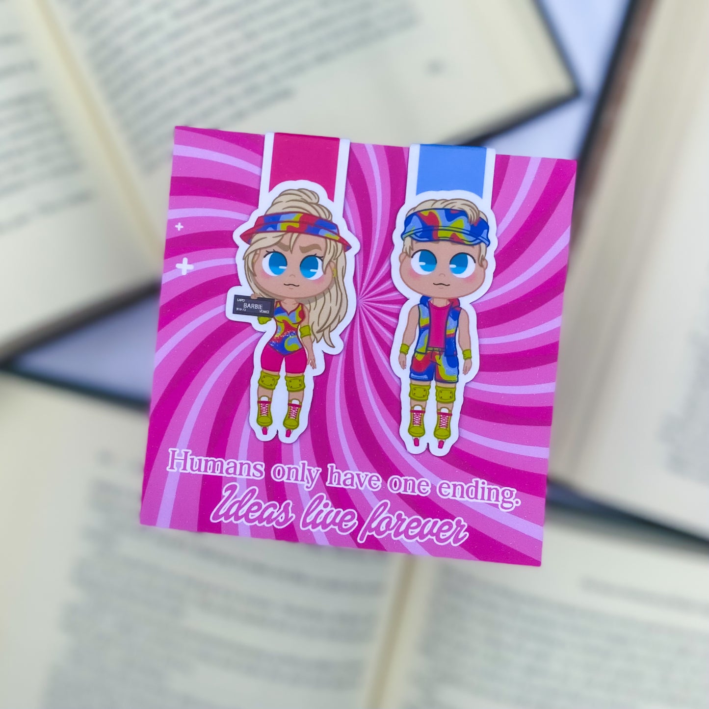 Magnetic bookmarks inspired by the Barbie movie, with vibrant pink designs and illustrations of Barbie and her dream world.