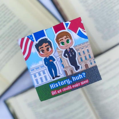 Magnetic bookmarks inspired by Red, White & Royal Blue, with illustrations of Alex, Henry, and motifs like the White House and British flag.