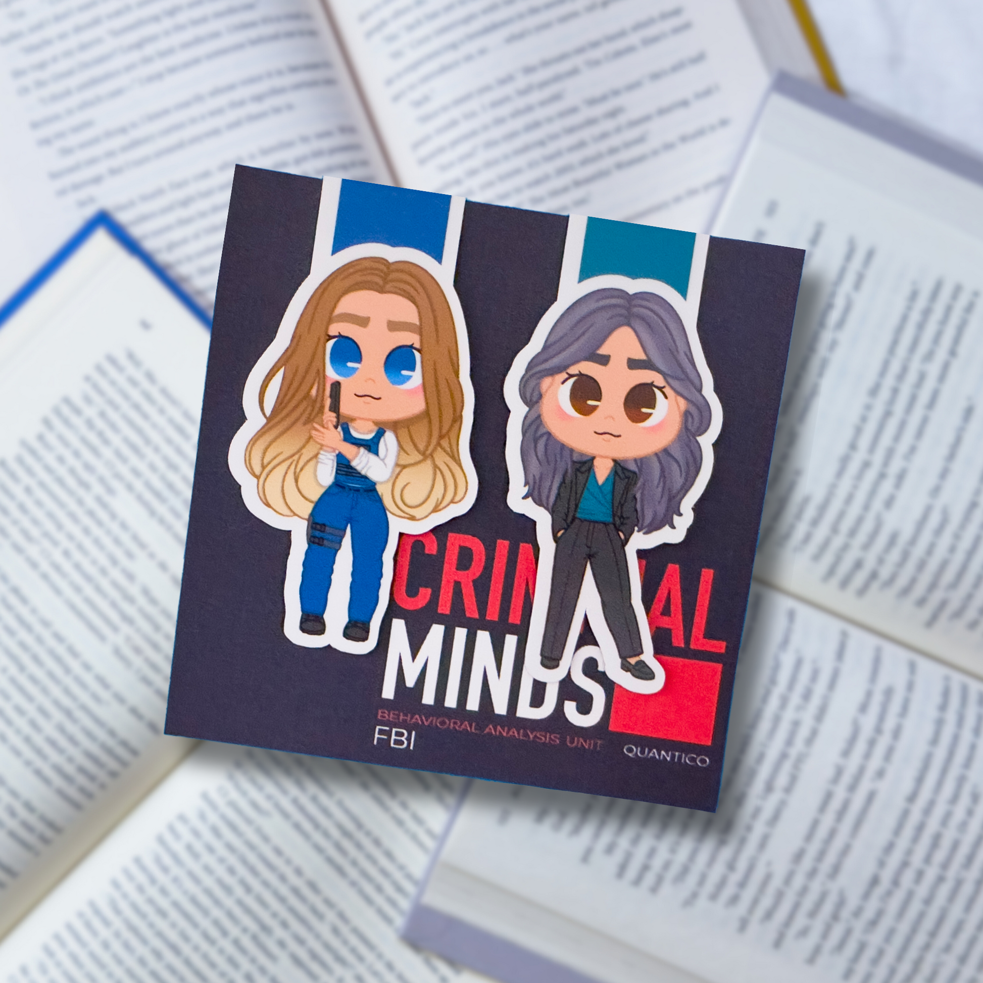 Magnetic bookmarks inspired by Criminal Minds, featuring chibi designs of BAU team members, evidence boards, and crime-solving motifs.