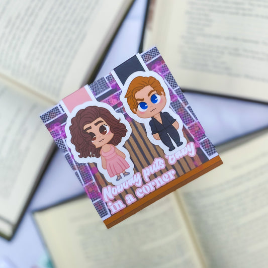 Magnetic bookmarks inspired by Dirty Dancing, featuring chibi illustrations of Baby and Johnny from the iconic lift scene.