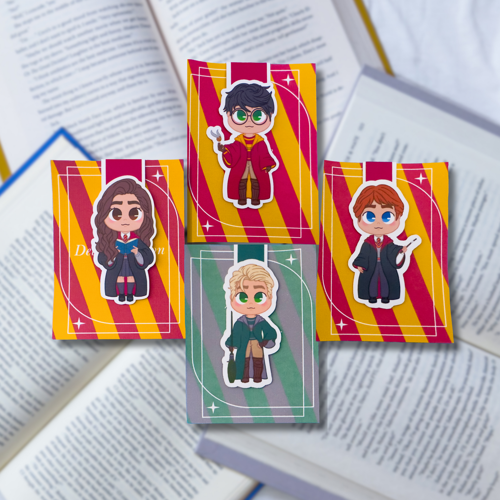 Magnetic bookmarks inspired by Harry Potter, showcasing Harry, Hermione, Ron, and magical elements like wands and Hogwarts.