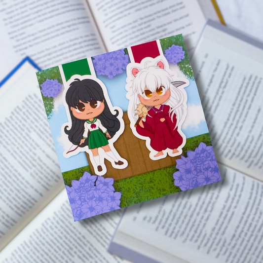 Magnetic bookmarks inspired by Inuyasha, showcasing chibi characters like Kagome and Inuyasha with cherry blossom and feudal themes.