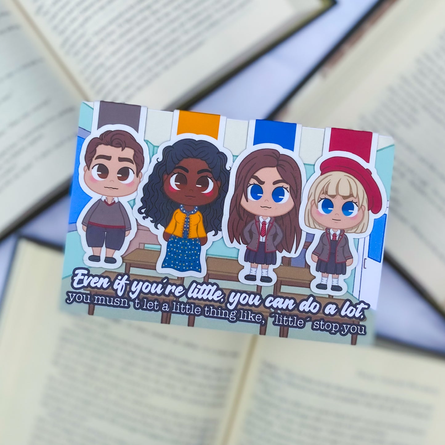 Magnetic bookmarks inspired by Matilda, with chibi designs of Matilda, her books, and a touch of magic.