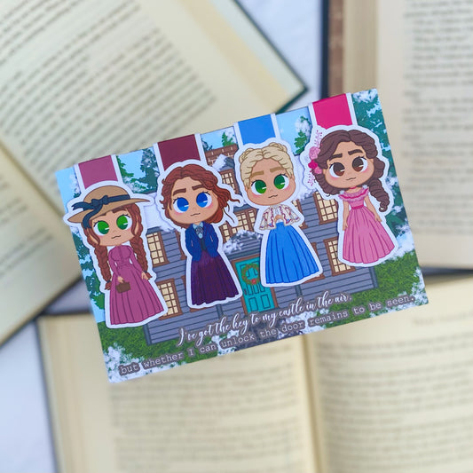 Magnetic bookmarks inspired by Little Women, featuring illustrations of the March sisters and their cozy New England home.