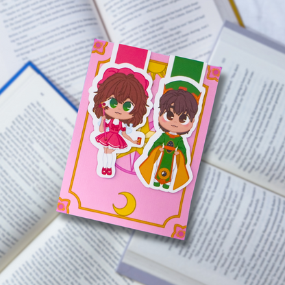 Magnetic bookmarks inspired by Sakura Card Captor, featuring Sakura, her staff, and Clow Card designs.