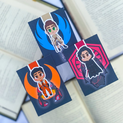 Magnetic bookmarks inspired by the Star Wars sequel trilogy, showcasing Rey, Kylo Ren, and Poe Dameron