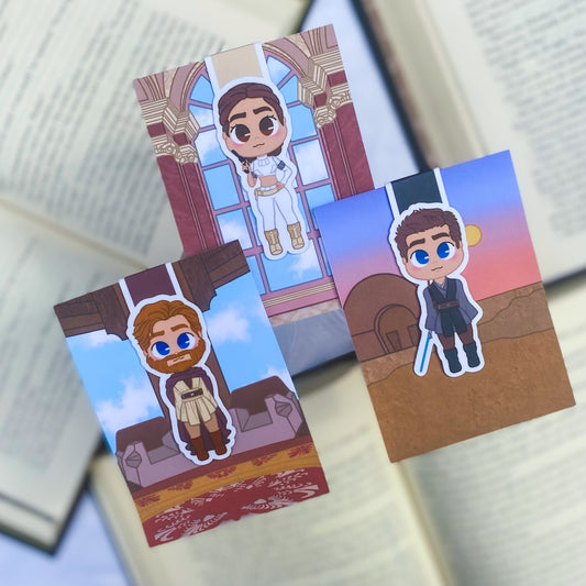 Magnetic bookmarks inspired by the Star Wars prequel trilogy, with designs of Anakin, Padmé, and lightsaber battles.