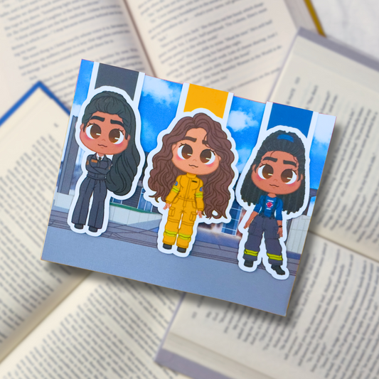 Magnetic bookmarks inspired by Station 19, showcasing firefighter gear, flames, and iconic characters.