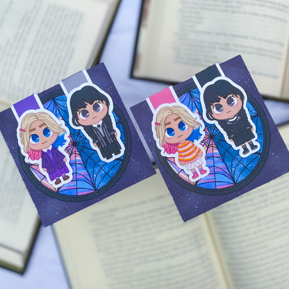 Magnetic bookmarks inspired by Wednesday, featuring designs of Wednesday Addams, Enid, and spooky motifs.