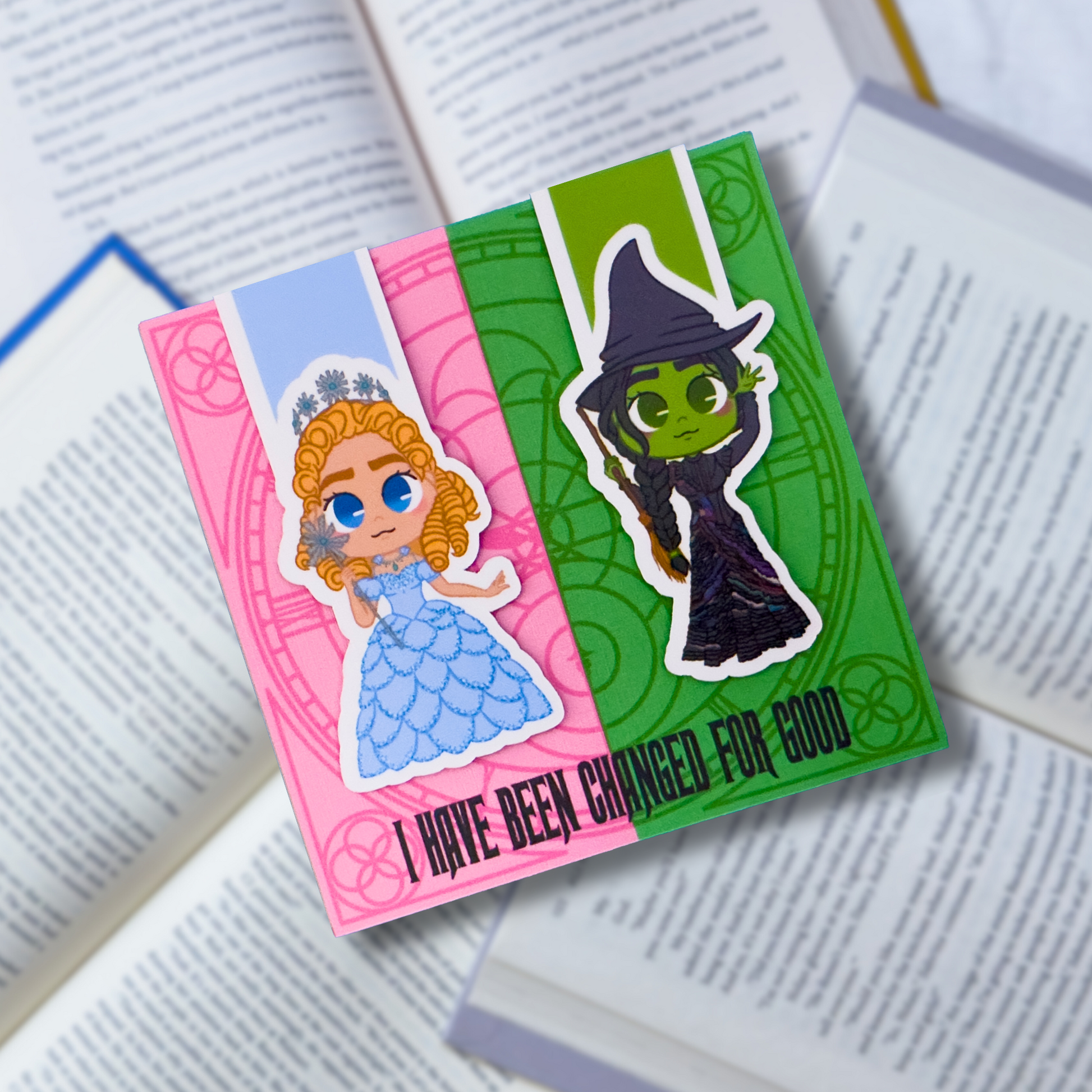 Magnetic bookmarks inspired by Wicked, featuring Elphaba, Glinda, and magical Emerald City designs.