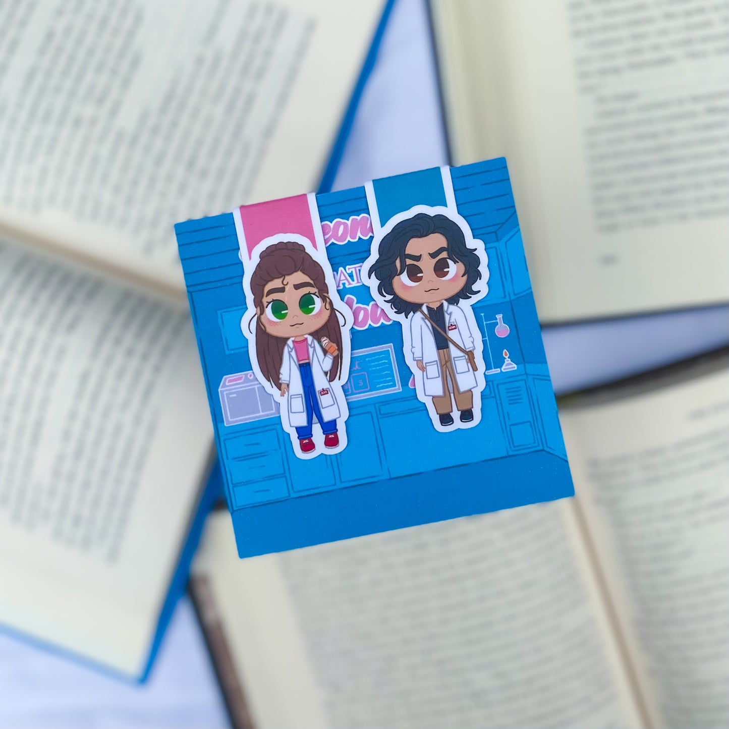 Magnetic bookmarks with adorable illustrations of characters and themes from Ali Hazelwood’s The Love Hypothesis, blending science and romance.