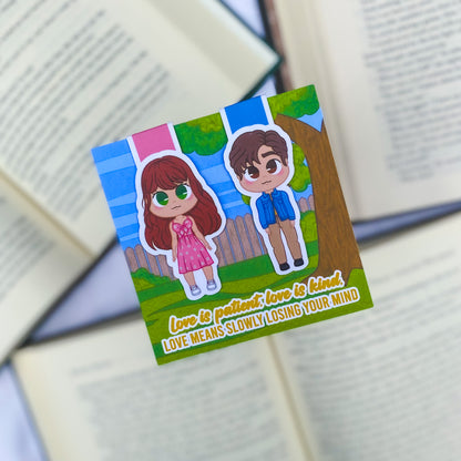 A set of magnetic bookmarks inspired by Better Than the Movies by Lynn Painter, featuring romantic, playful chibi designs of characters and fun motifs.