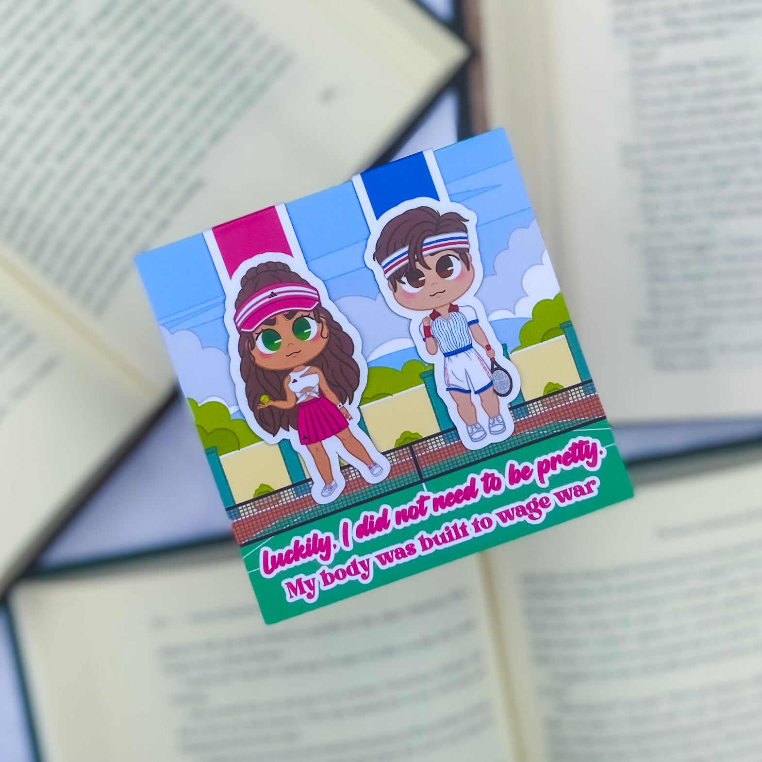 Magnetic bookmarks inspired by Taylor Jenkins Reid's Carrie Soto is Back, with chibi designs of tennis rackets, courts, and the fierce Carrie Soto.