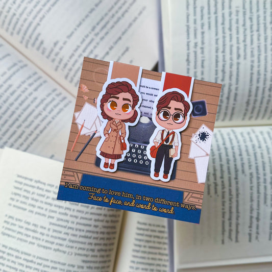 Magnetic bookmarks inspired by Divine Rivals by Rebecca Ross, featuring magical, vintage typewriter-themed chibi designs and romantic motifs.