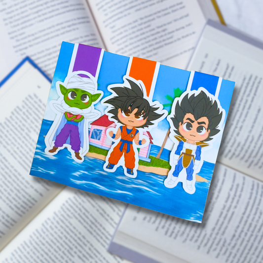 Magnetic bookmarks inspired by Dragon Ball, featuring designs of Goku, Vegeta, and Piccolo in vibrant anime style.