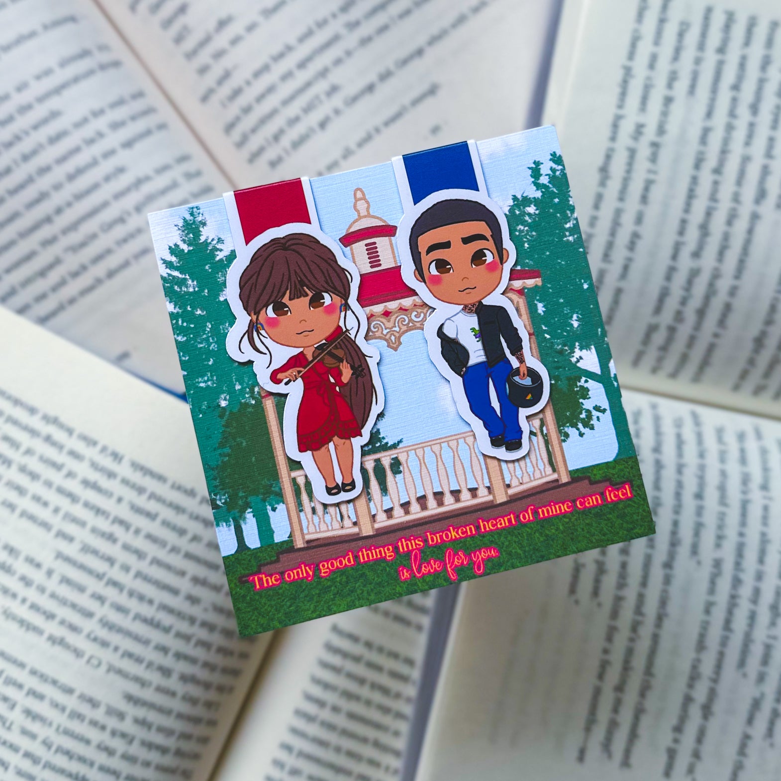 Magnetic bookmarks featuring heartfelt illustrations of characters and themes from Helen Hoang’s The Heart Principle.