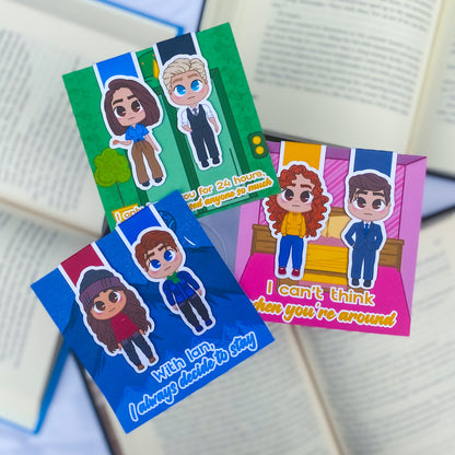 Magnetic bookmarks featuring chibi-style characters and romance-inspired designs from Ali Hazelwood’s Loathe to Love You novella collection.