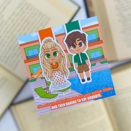 A set of magnetic bookmarks inspired by Emily Henry’s People We Meet on Vacation, with vibrant travel-themed designs and romantic characters.