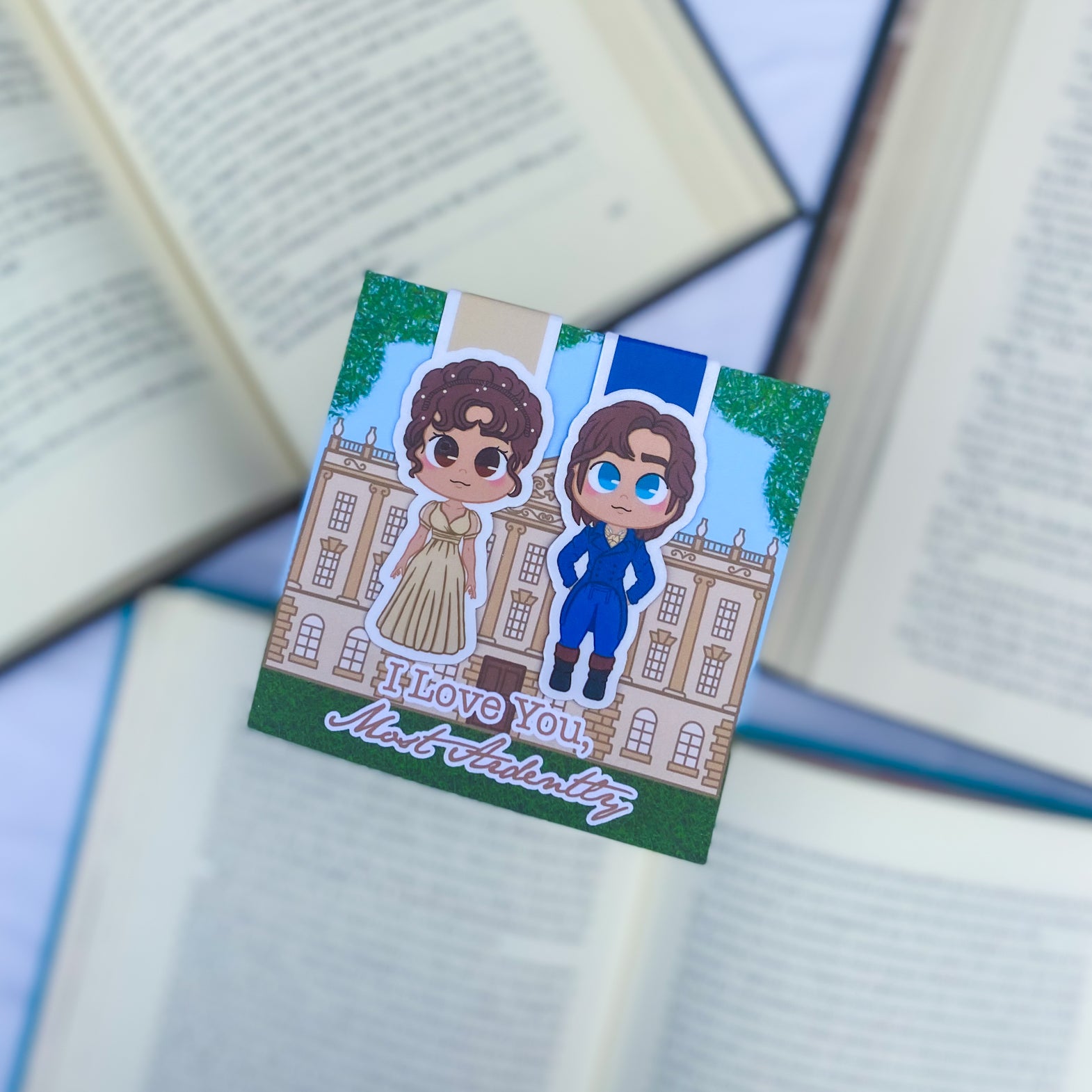 Magnetic bookmarks inspired by Pride and Prejudice, showcasing Elizabeth Bennet, Mr. Darcy, and Regency-era motifs.